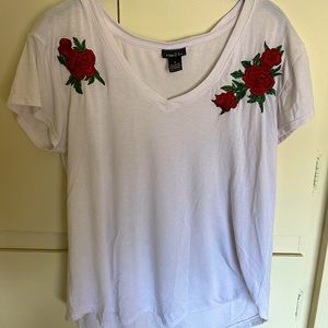 White V-Neck with Rose Embroidery